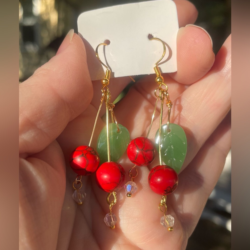 Sweet Red Cherries Hand Crafted Earrings - Picture 1 of 6